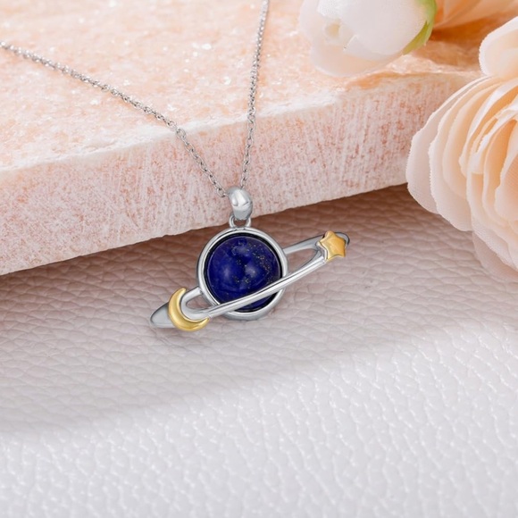 14k Natural Lapis Lazuli Planet and Night Sky Pendant Necklace - Picture 3 of 7